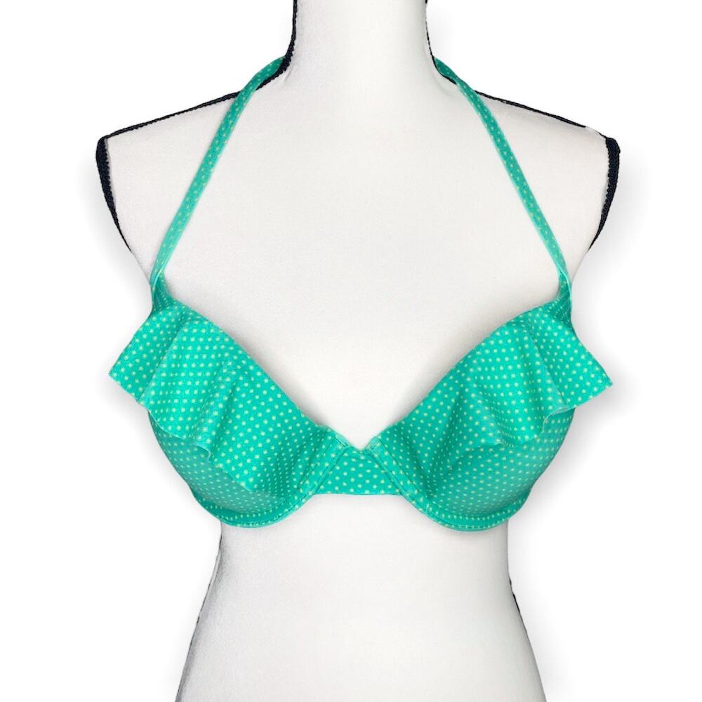 aerie Nina Polka Dot Ruffle Halter Padded Bikini Top 36D Green Retro Swimwear
